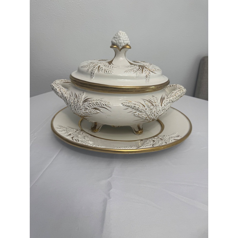 Vintage Italian Ceramic Soup Tureen with Lid and Underplate Gold Wheat Motif